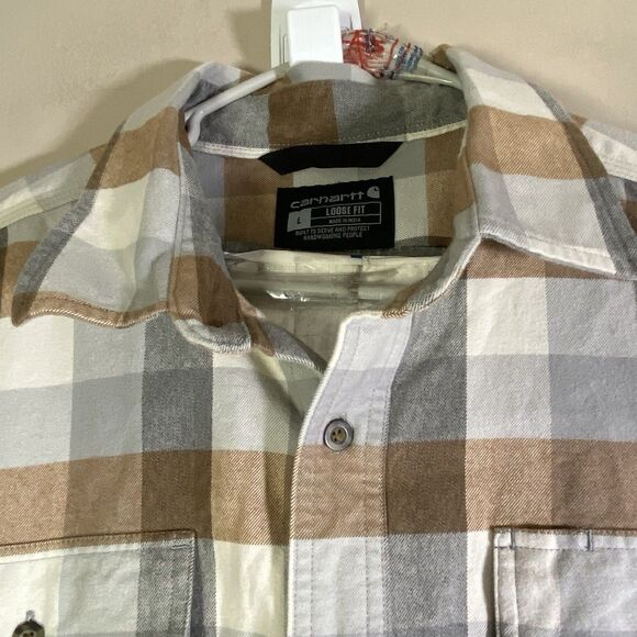 Carhartt Loose Fit Brown Plaid Mens Large Long Sleeve Flannel 105078 APH Shacket - Picture 1 of 12